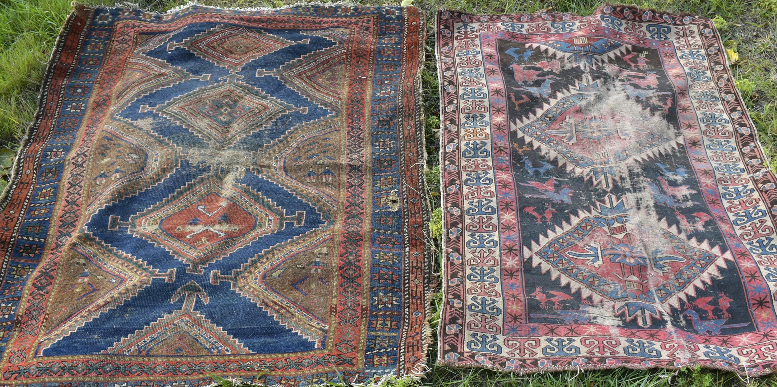 Appraisal: TWO WORN ANTIQUE SCATTER RUGS Two heavily worn antique Oriental