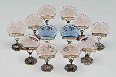 Appraisal: Austrian place card holders colored glass with pressed and frosted