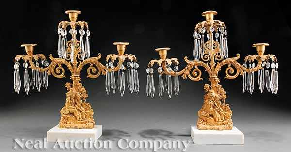 Appraisal: A Pair of American Gilt Brass and Marble Three-Light Girandoles