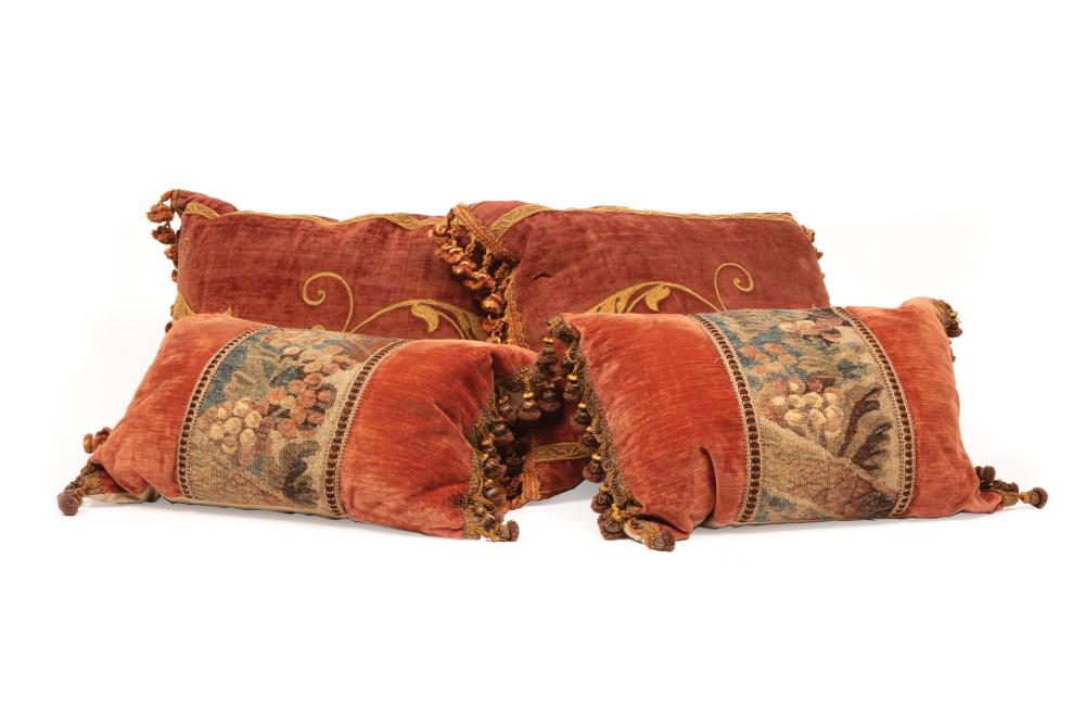 Appraisal: Four Contemporary Designer Pillows incl pair with tapestry panel in