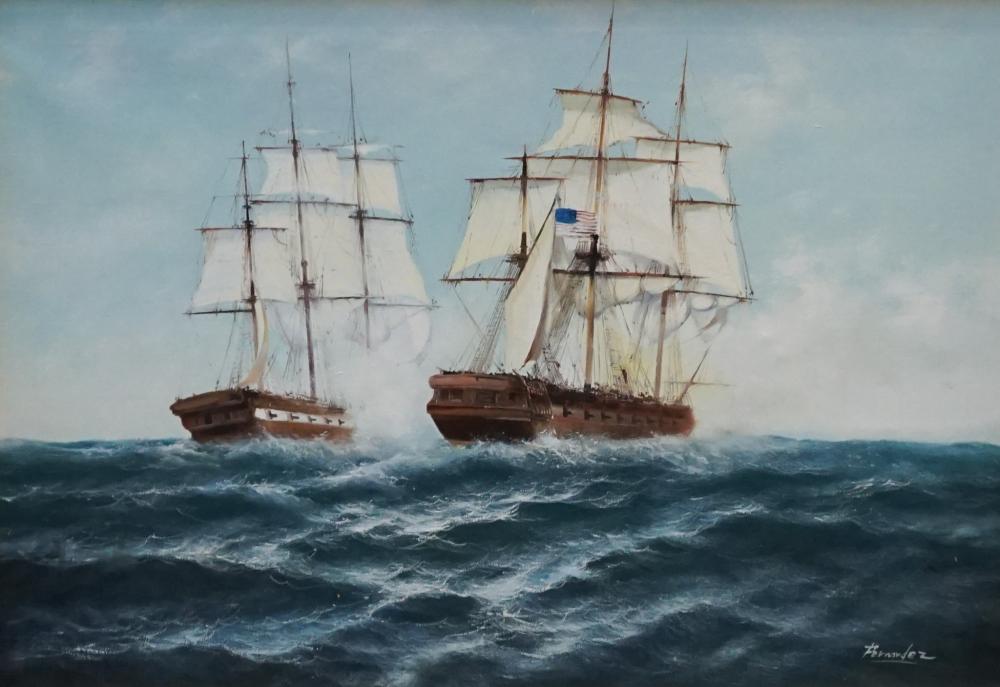 Appraisal: POSSIBLY AMERICAN SCHOOL TH CENTURY TALL SHIPS AT SEA WITH