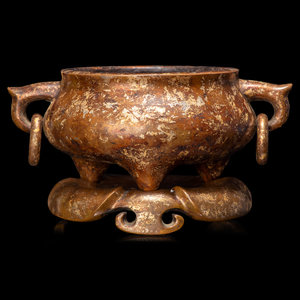 Appraisal: A Chinese Gold-Splashed Bronze Incense Burner and Stand of compressed