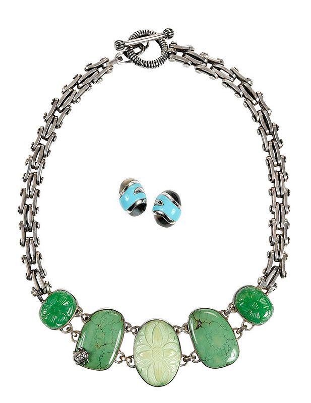 Appraisal: Two Pieces Sterling Silver Jewelry necklace Stephen Dweck assorted green