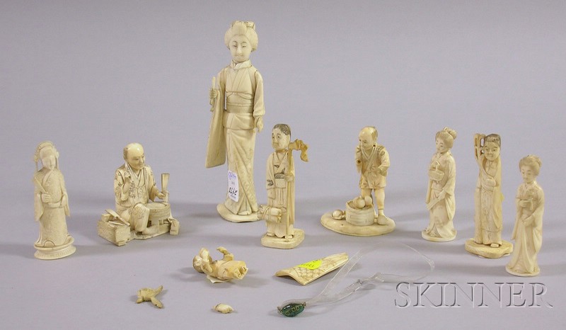 Appraisal: Nine Chinese Japanese Ivory Carvings th and th century damage