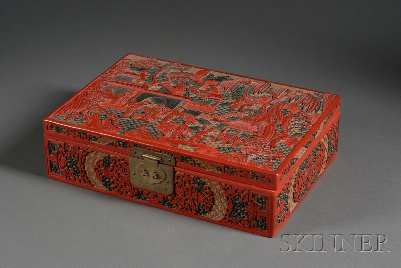 Appraisal: Three-Color Cinnabar Box China th early th century rectangular form