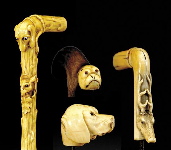 Appraisal: Collection of ivory bone and composite cane handles ivory or