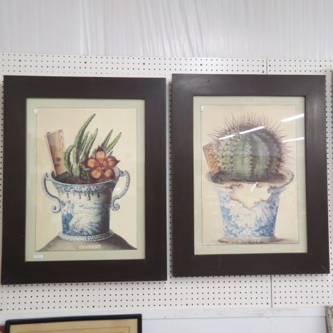 Appraisal: Pair of Decorative Prints cactus in blue decorated pottery vases