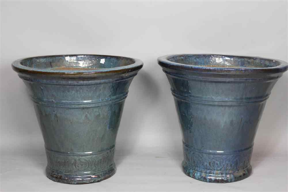 Appraisal: PAIR OF LARGE BLUE GLAZED TERRACOTTA FLOWER POTS of tapering