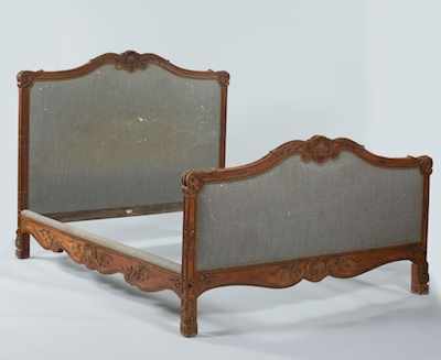 Appraisal: A French Carved and Upholstered Headboard Footboard and Side Rails