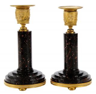 Appraisal: Pair Empire Gilt Bronze And Porphyry Candlesticks possibly Russian early