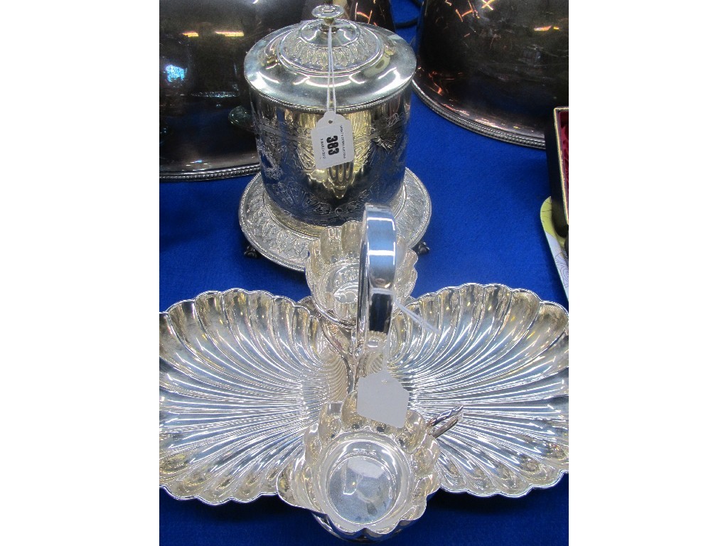 Appraisal: Lot comprising silver plated biscuit barrel and a strawberry stand