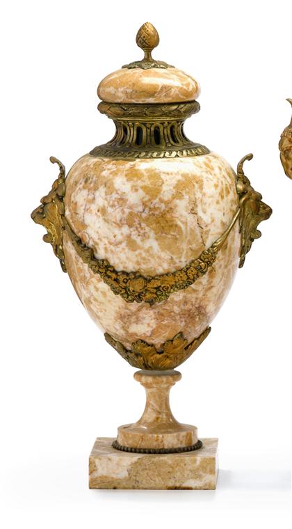 Appraisal: Pair of gilt bronze mounted yellow marble urns Each of