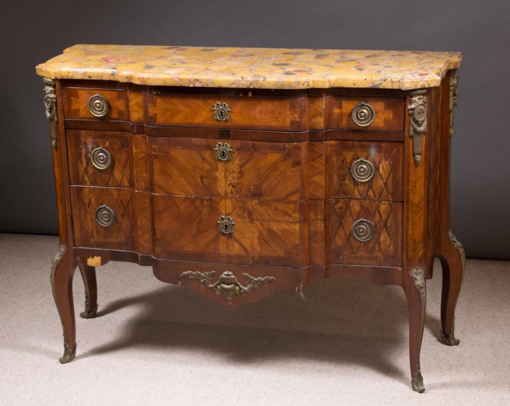 Appraisal: LOUIS XV XVI TRANSITIONAL STYLE MARBLE-TOP COMMODE French early th