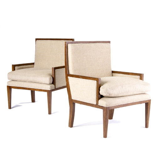 Appraisal: STYLE OF JEAN-MICHEL FRANK Pair of oak veneer armchairs with