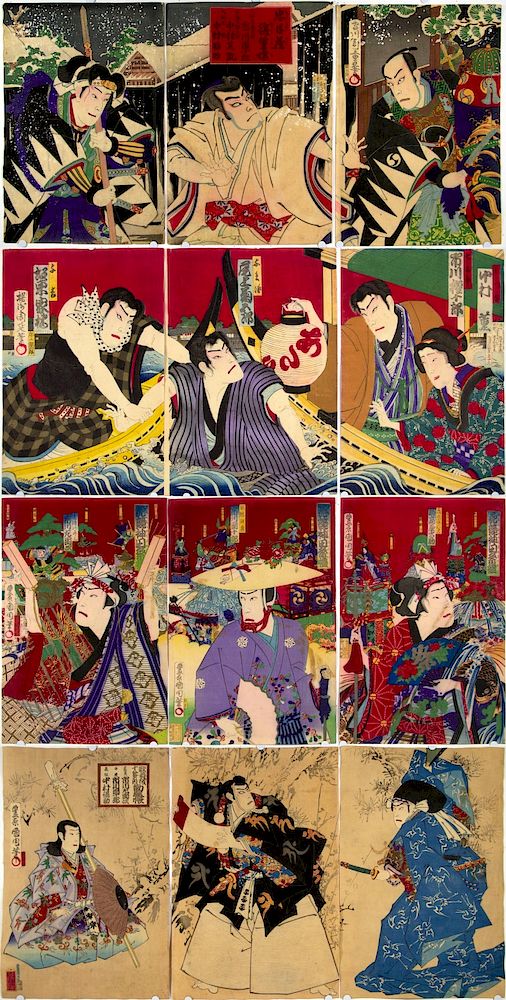 Appraisal: Group of Kabuki Triptychs including Kunichika Japanese woodblock prints Three