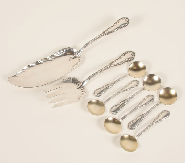 Appraisal: Eight Whiting 'Damascus' sterling serving pieces including six bouillon spoons