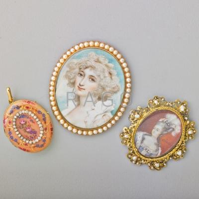 Appraisal: GOLD PORTRAIT PENDANTS AND A LOCKET Portrait miniature of a