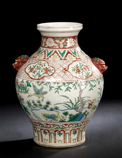 Appraisal: Chinese Polychrome-Decorated Porcelain Baluster Vase th century modeled with Buddhistic