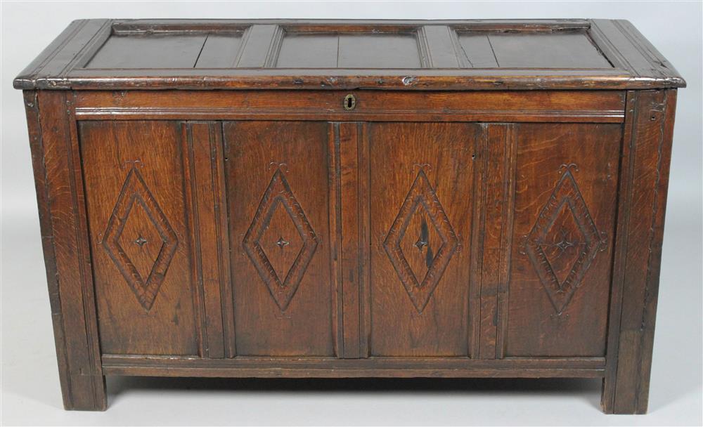 Appraisal: ENGLISH OAK CARVED BLANKET CHEST having a hinged paneled top