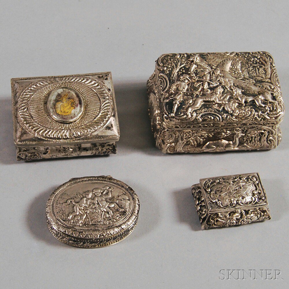 Appraisal: Four Small Repousse Continental Silver Boxes an silver box with