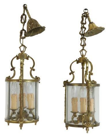 Appraisal: pair French gilt brass hanging lanterns th c having cylindrical