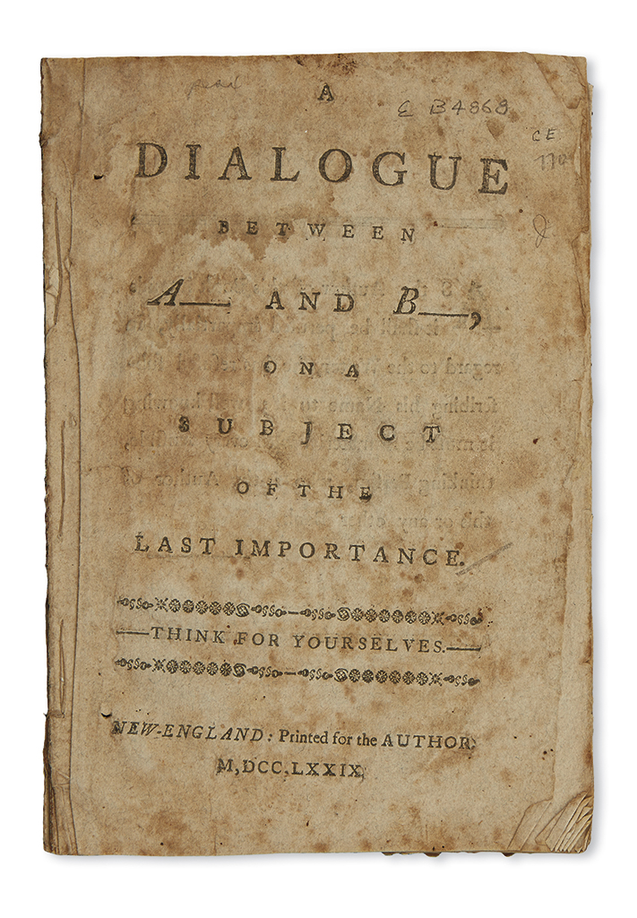 Appraisal: EARLY AMERICAN IMPRINT A Dialogue between A-- and B-- on