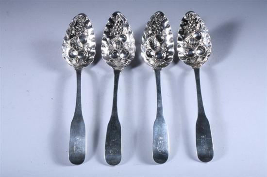 Appraisal: FOUR GEORGE III IRISH SILVER SERVING SPOONS RW possibly Richard