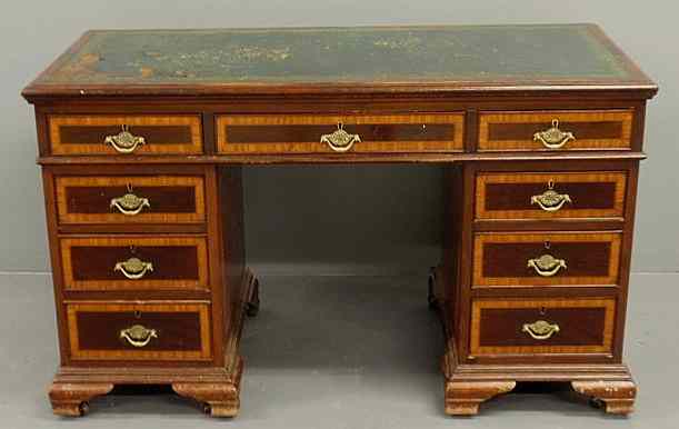 Appraisal: English mahogany pedestal desk c with banded satinwood inlay tooled