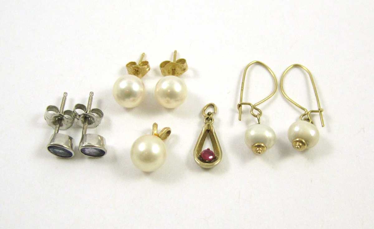 Appraisal: THREE PAIRS OF EARRINGS AND TWO PENDANTS including a pair