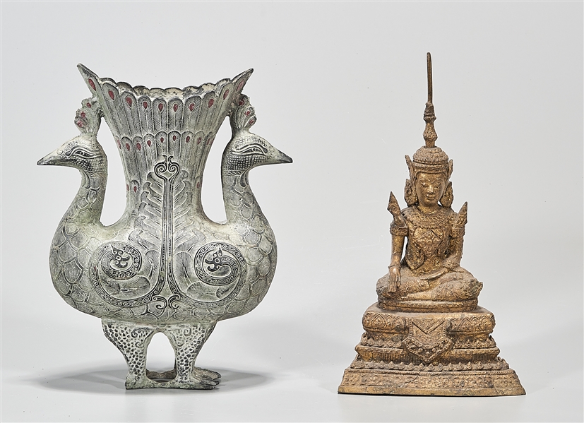 Appraisal: Two Southeast Asian metal sculptures including a double bird-form vase