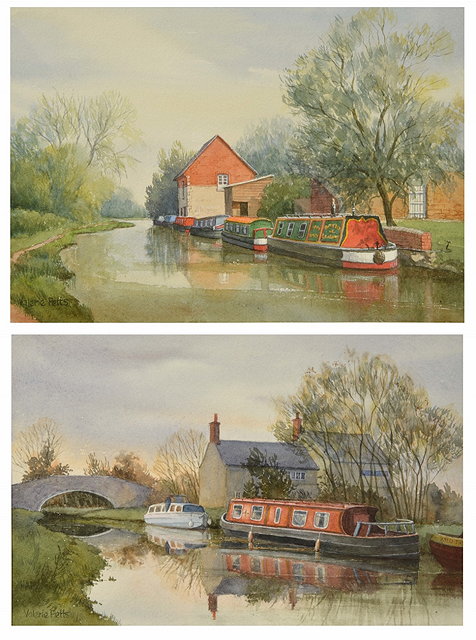 Appraisal: VALERIE PETTS TH CENTURY Canal boats moored at a riverbank