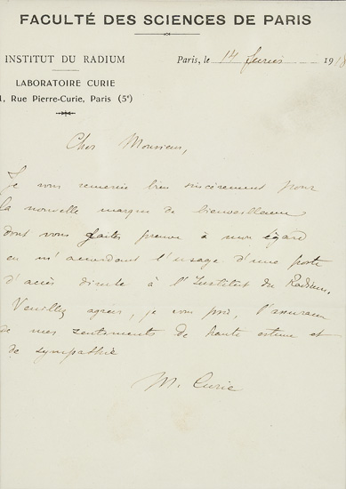 Appraisal: CURIE MARIE Autograph Letter Signed M Curie to an unnamed