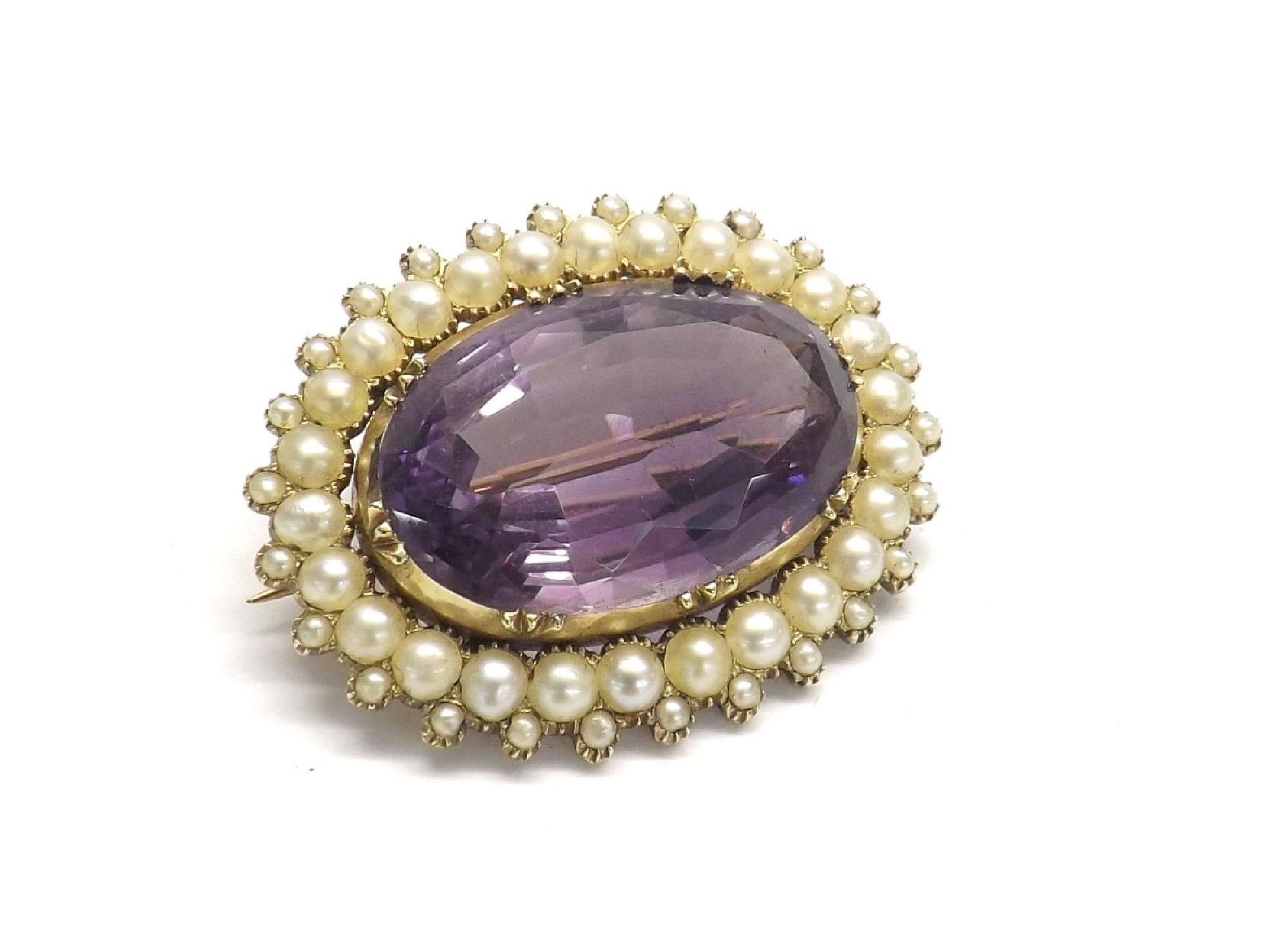 Appraisal: Mid-Victorian amethyst and pearl oval gold brooch the reverse inscribed