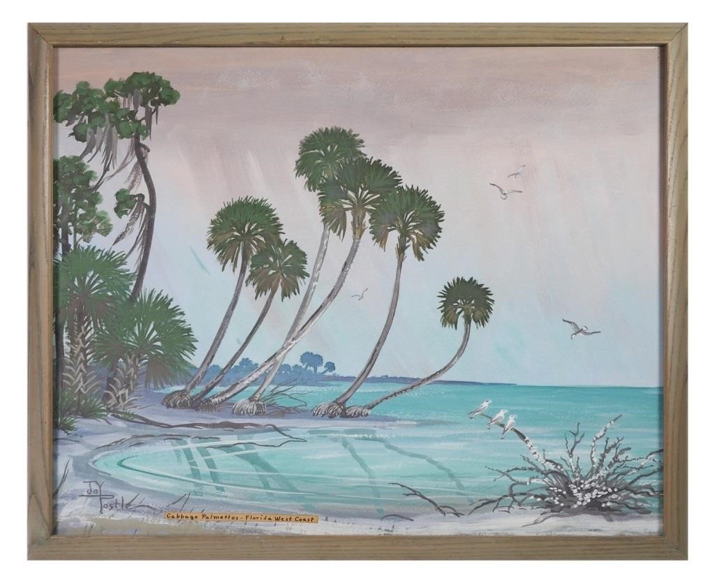 Appraisal: Gouache or watercolor painting of a coastal scene with palm