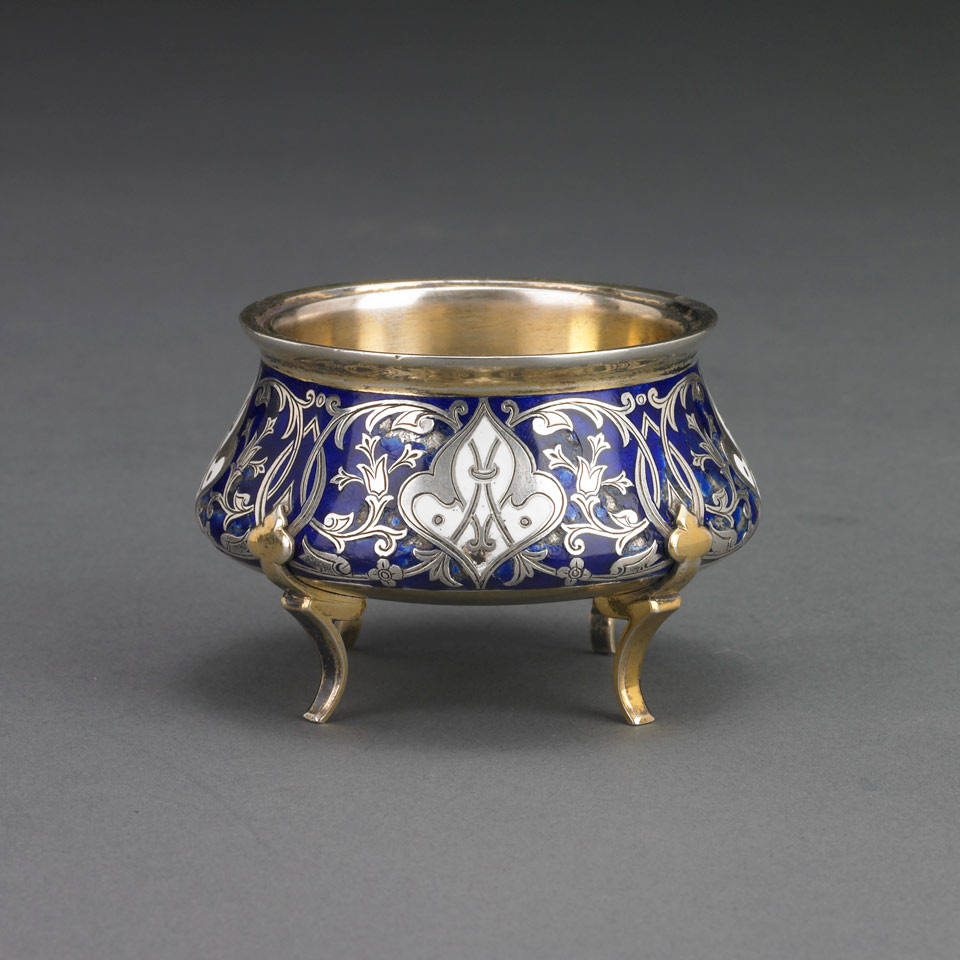 Appraisal: Russian Engraved and Enameled Silver-Gilt Salt Pavel Sazikov Moscow assaymaster