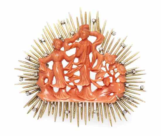 Appraisal: An Karat Gold Coral and Diamond Brooch consisting of a