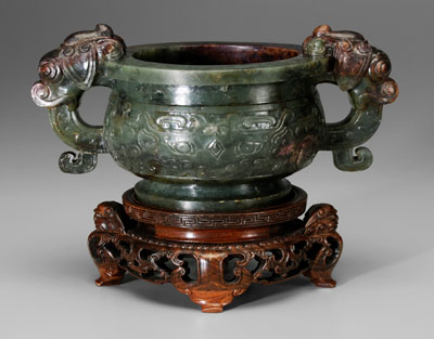 Appraisal: Chinese hardstone censer mottled green stone with dark brown areas