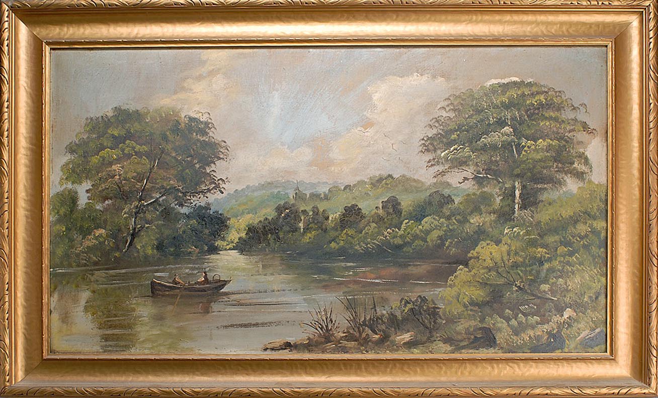 Appraisal: FRAMED PAINTING AMERICAN SCHOOL Early th Century Landscape depicting figures