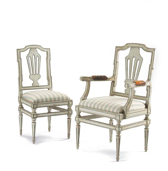 Appraisal: A set of twelve Italian Neoclassical paint decorated chairs eight