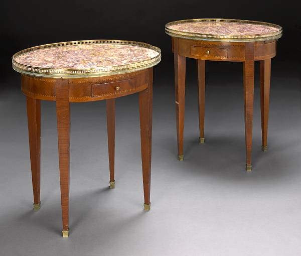 Appraisal: A pair of Louis XVI style inlaid mahogany tables th