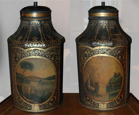 Appraisal: Pair of Painted Tole Canister Lamps Estimate nbsp nbsp nbsp