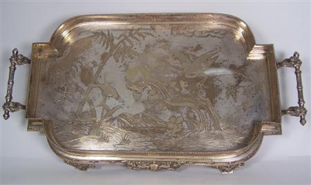 Appraisal: A large silverplated galleried tray of shaped rectangular outline with