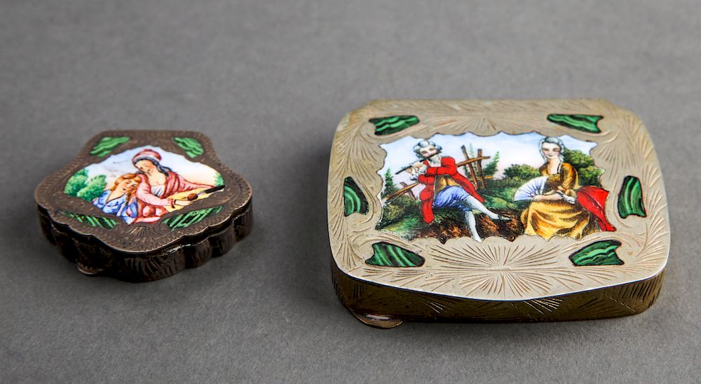 Appraisal: Silver Enamel Pill Box Brass Enamel Compact Group of two