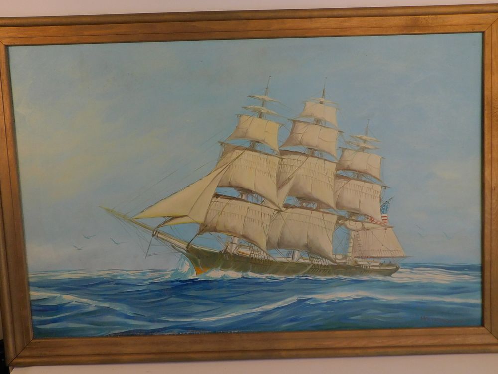 Appraisal: SYLVA FERNANDES SHIP PAINTING Large vintage oil on canvas of