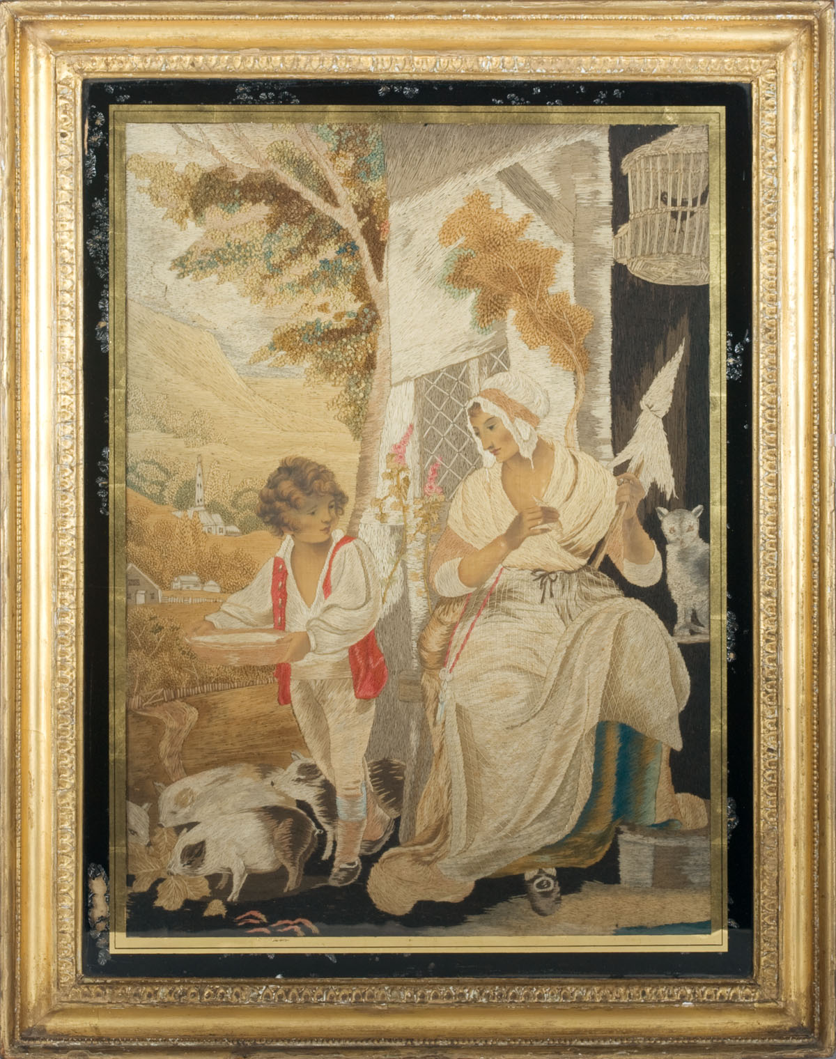 Appraisal: ENGLISH NEEDLEWORK PICTURE Depicting an elegant farmer's wife with cat