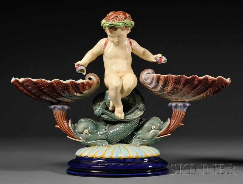 Appraisal: W T Copeland Sons Majolica Centerpiece England c a putto