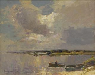 Appraisal: BENNET Rubery Oil on Board Rowboats Near the Shore Signed