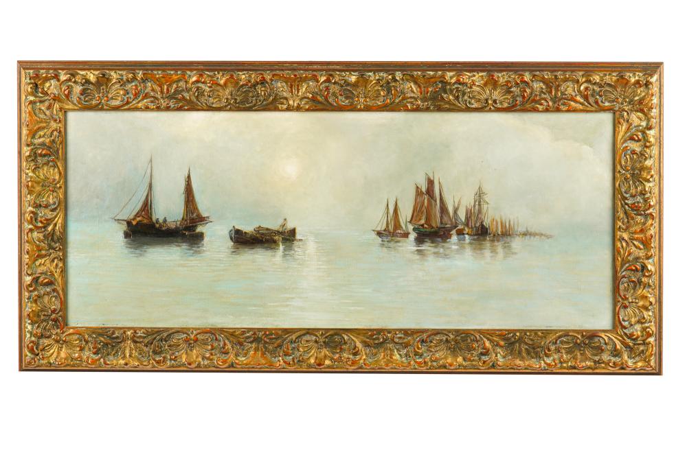 Appraisal: UNKNOWN ARTIST FISHING BOATS AT SEAoil on canvas unsigned Condition