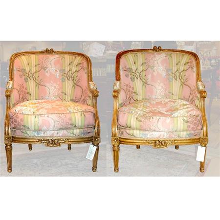 Appraisal: Pair of Louis XVI Style Gilt-Wood Upholstered Bergeres Estimate -