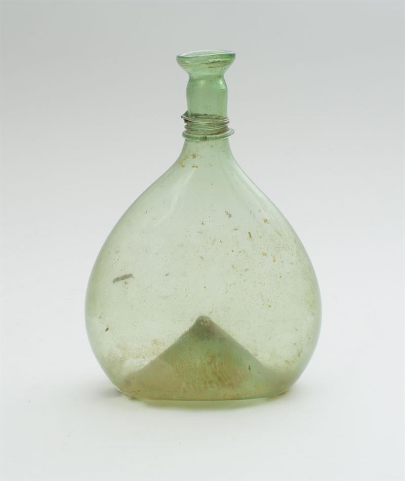 Appraisal: LIGHT-GREEN BLOWN GLASS FLASK With applied ring neck x in